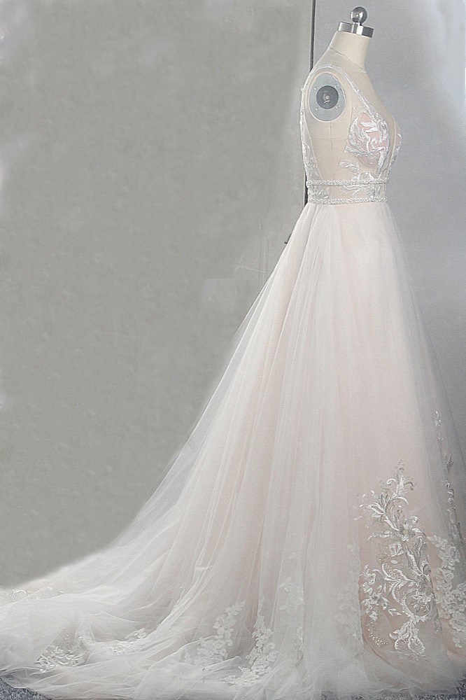 A-line Plunging Neckline Sleeveless Floor-length Tulle Wedding Dress With Lace 3