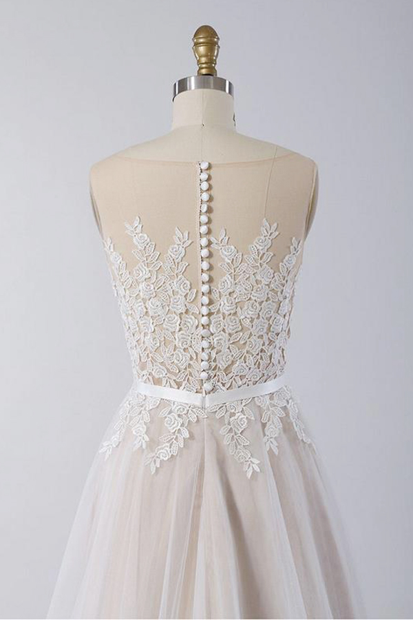 A-line Jewel Neck Sleeveless Floor-length Tulle Bridal Attire With Lace 3