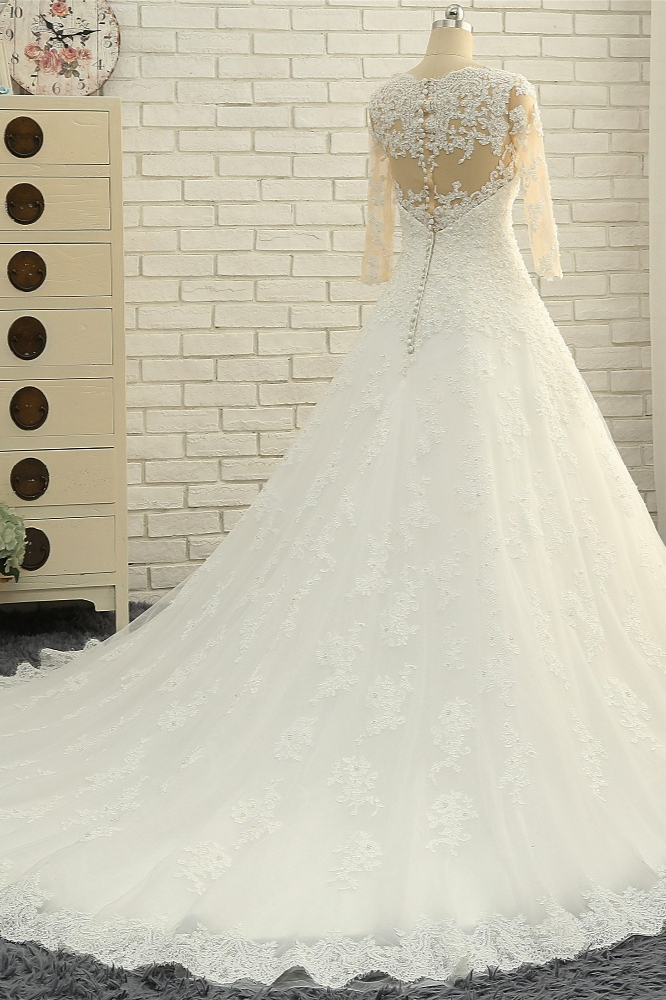 A-line Jewel Neck Half-Sleeves Court Train Wedding Gown With Lace 4