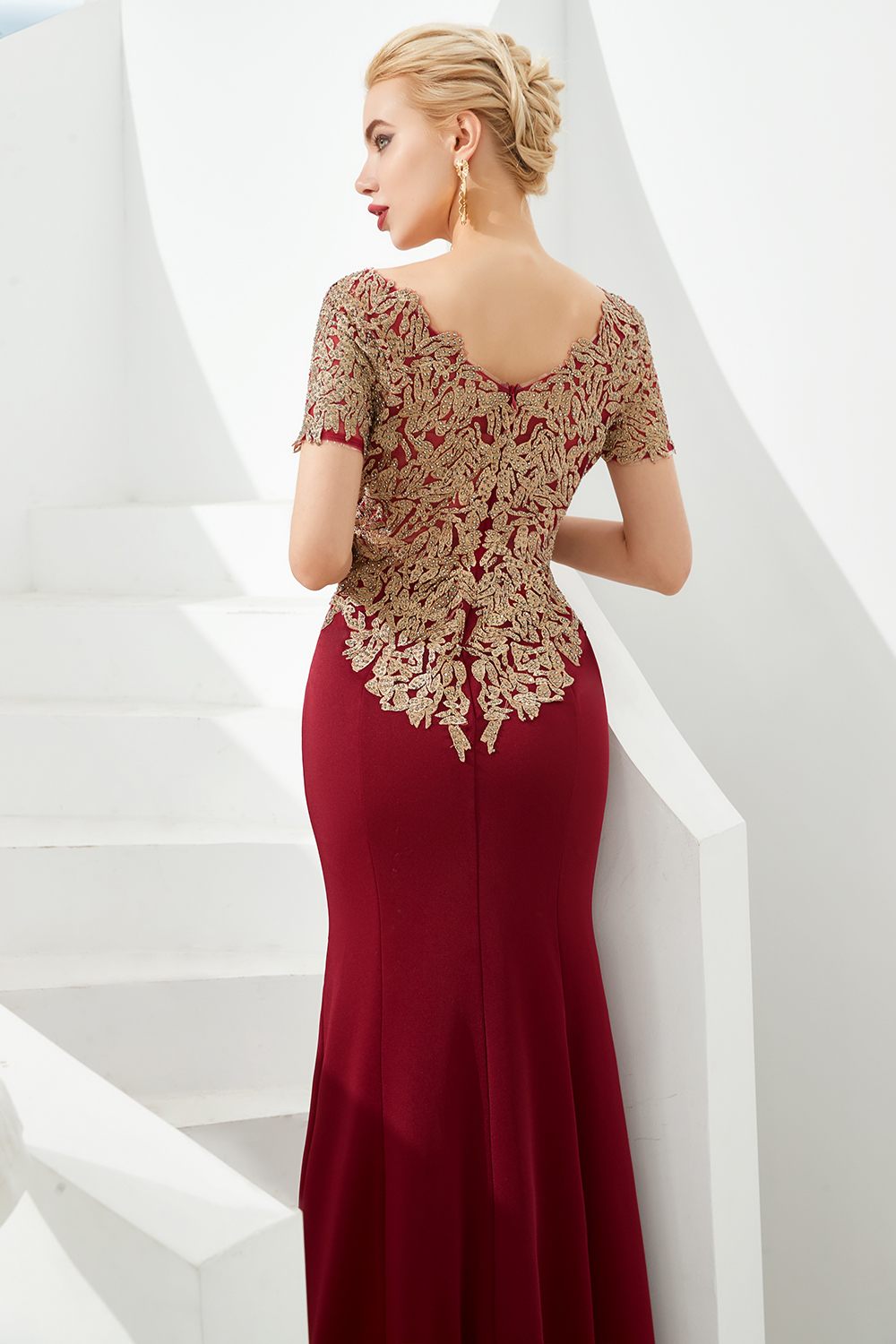 Mermaid Jewel Neck Short Sleeves Chapel Train Four-sided bomb Evening Gown With Lace 9