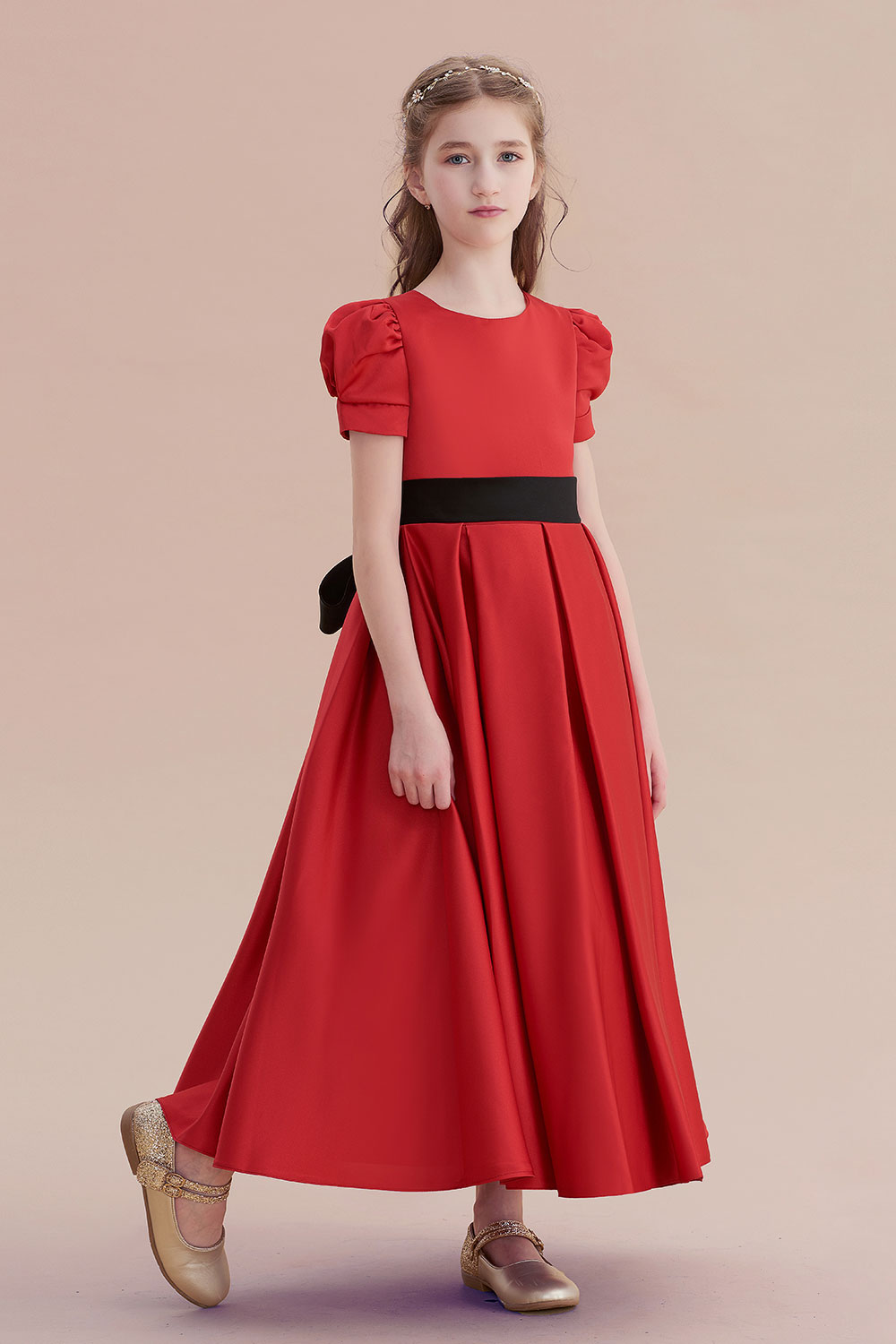 A-line Jewel Neck Short Sleeves Ankle-length Satin Flower Girl Dress With Ribbons 4