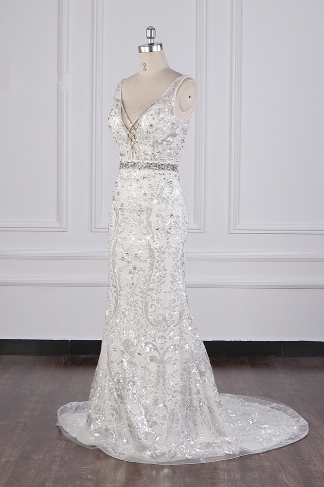 Column V-neck Sleeveless Floor-length Tulle Wedding Dress With Appliques 3