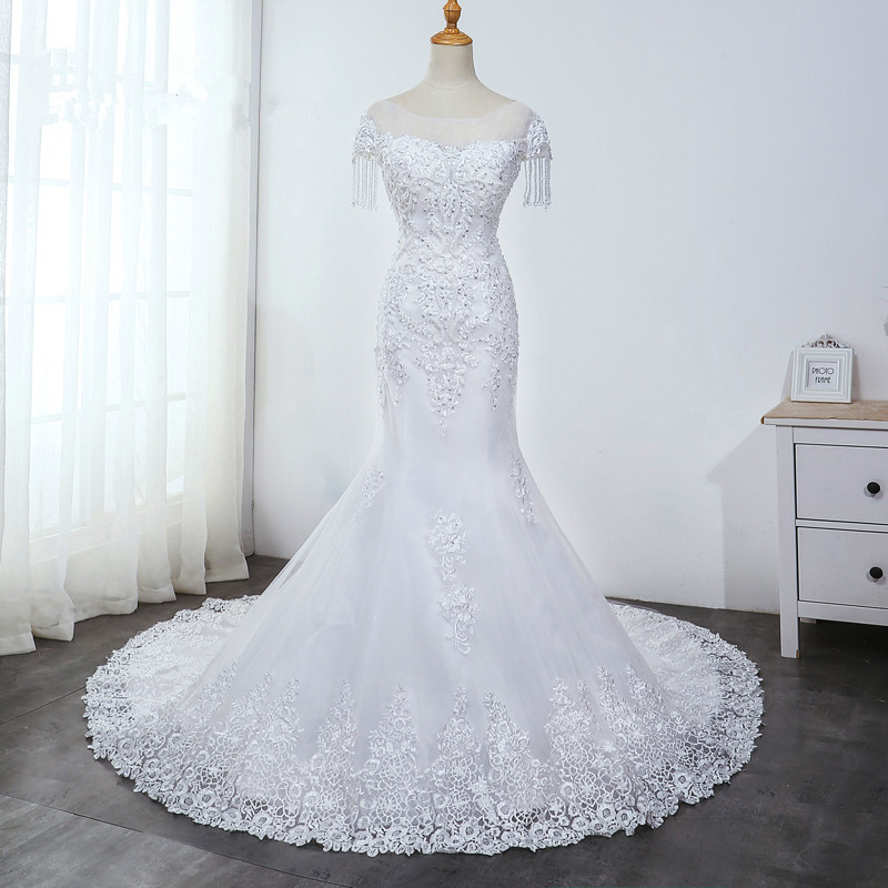 Mermaid Jewel Neck Sleeveless Floor-length Tulle Bridal Gown With Appliques 8