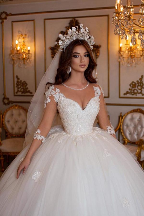 Lace Appliqued Tulle Ball Gown Wedding Dress with Illusion Sleeves 4