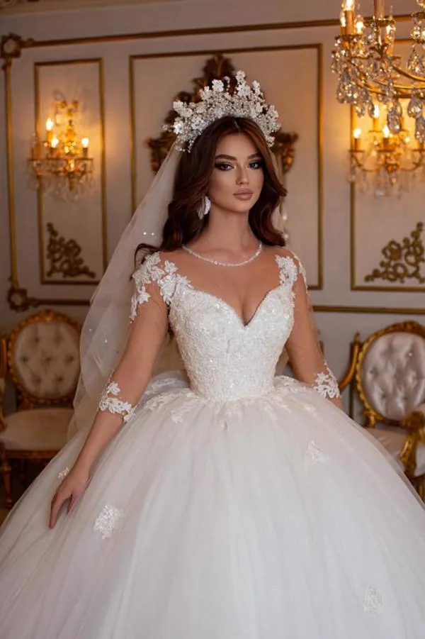 Lace Appliqued Tulle Ball Gown Wedding Dress with Illusion Sleeves 4