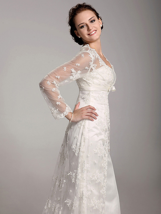 Column Square Neck Long Sleeves Sweep / Brush Train Lace Bridal Gown With Lace 5
