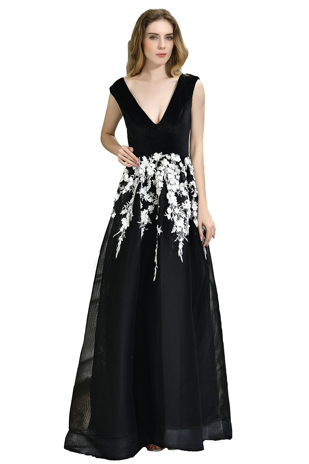 A-line Plunging Neckline Sleeveless Sweep / Brush Train Velvet Evening Dress With Lace 3