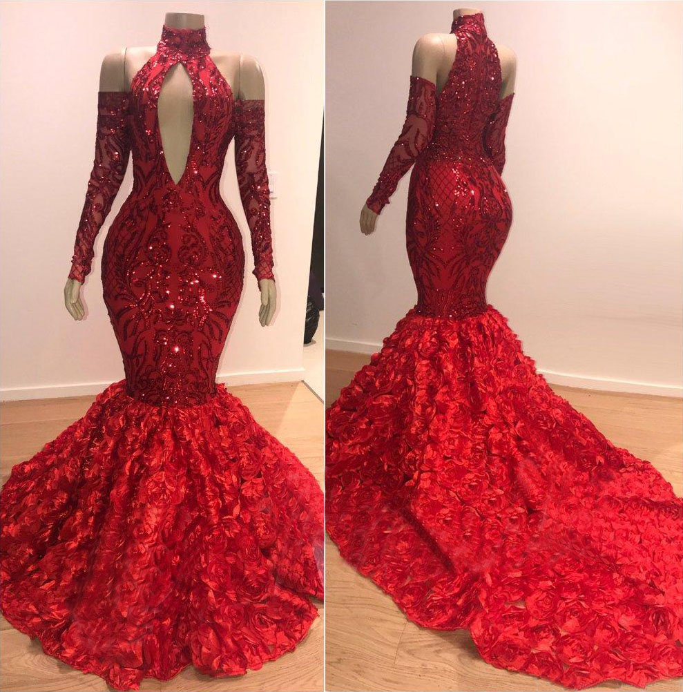 Mermaid Halter-neck Long Sleeves Floor-length Evening Gown With Appliques 2