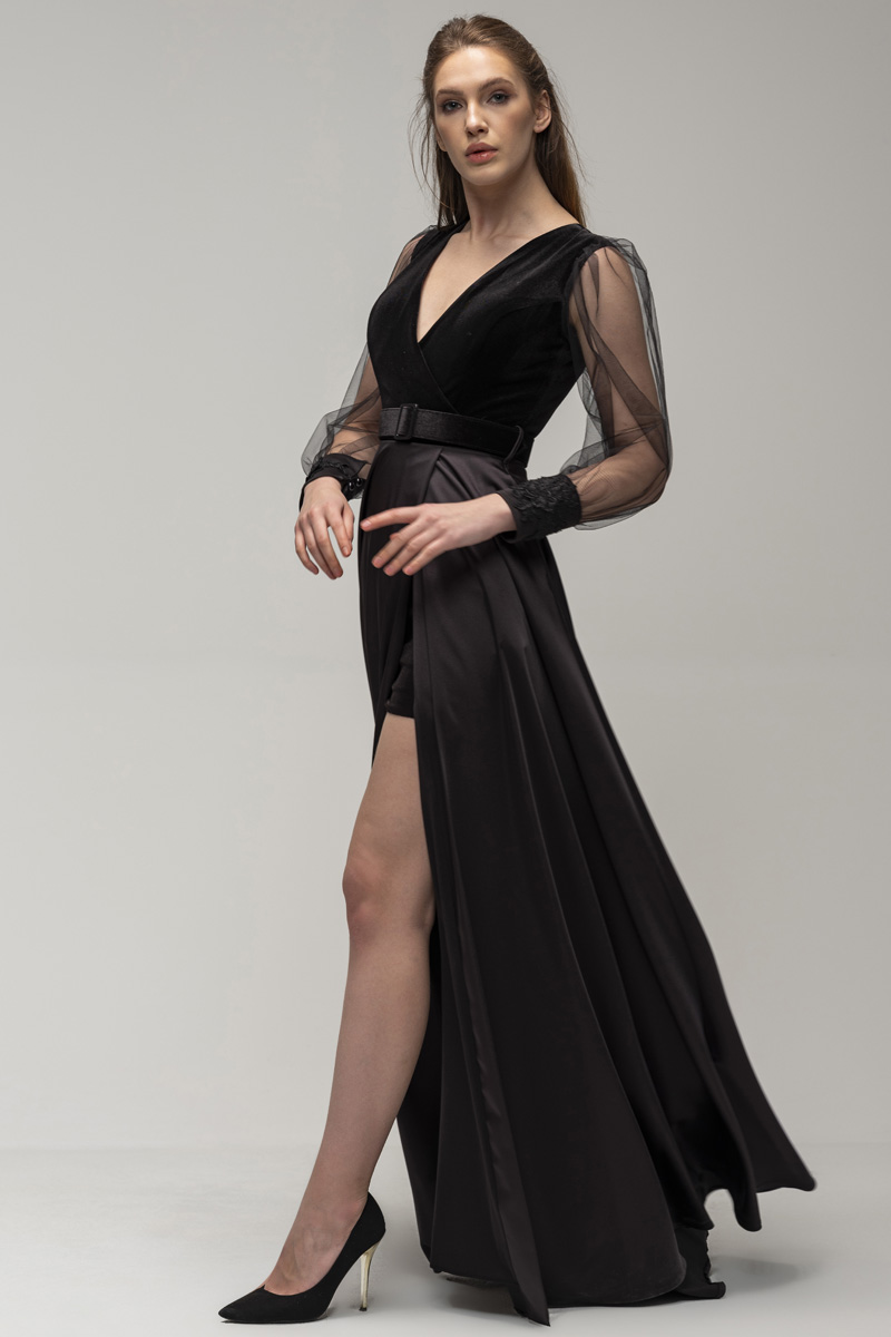 A-line V-neck Long Sleeves Floor-length Stretch Satin Evening Dress With Ribbons 2