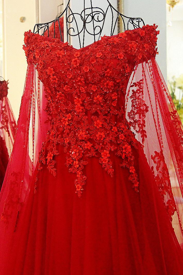 A-line Off-the-shoulder V-neck Sweep / Brush Train Tulle Formal Wear With Appliques 4