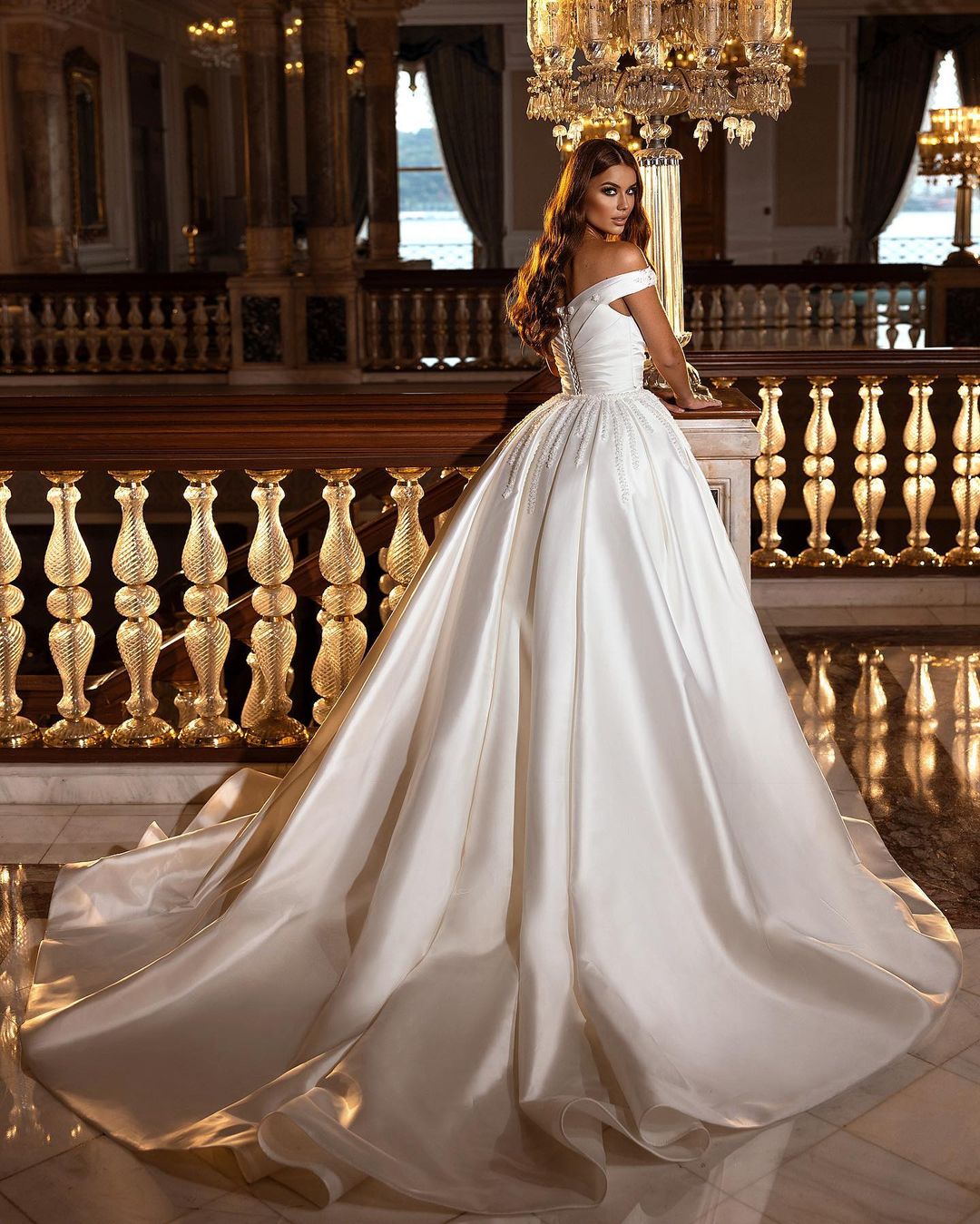 A-line Off-the-shoulder Long Sleeves Chapel Train Satin Bridal Gown With Appliques 3