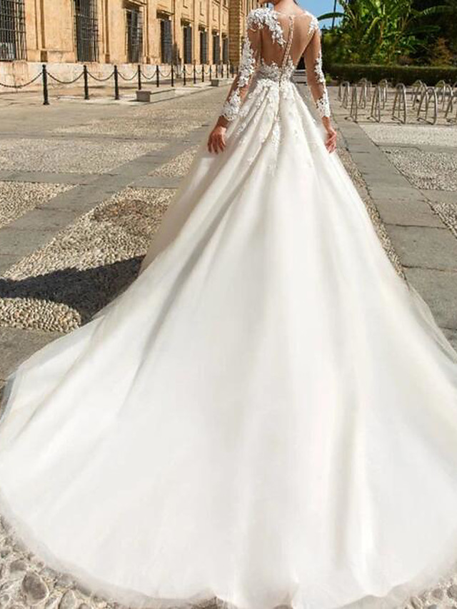 A-line Long Sleeves Court Train Tulle Bridal Gown With Lace 2