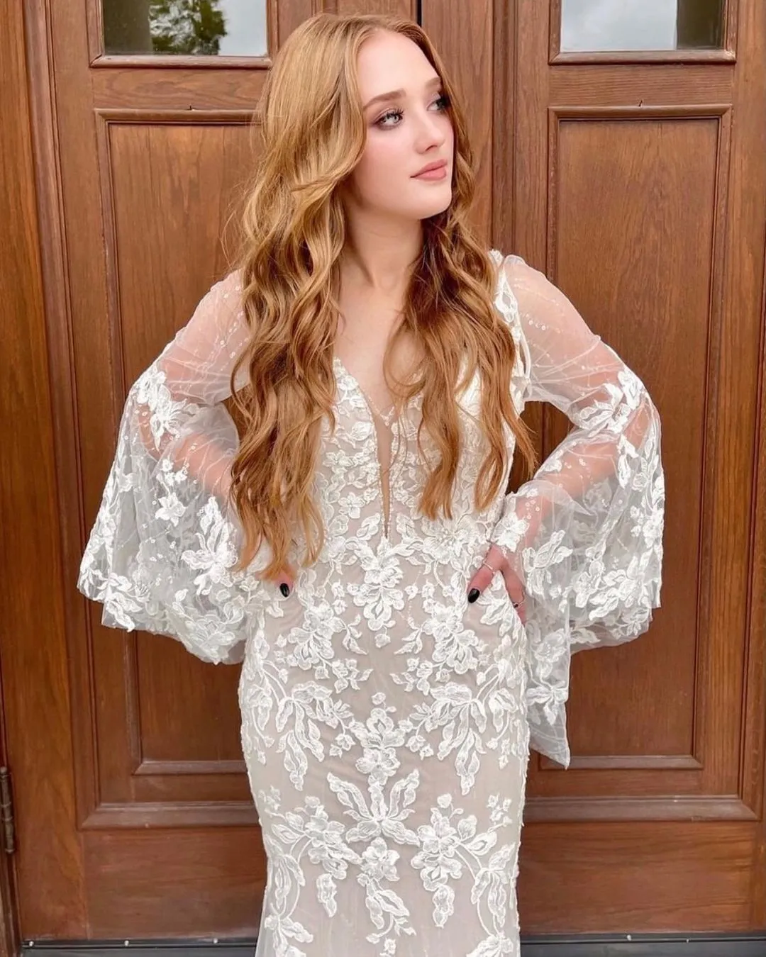 Mermaid V-neck Long Sleeves Sweep / Brush Train Lace Wedding Gown With Appliques 2