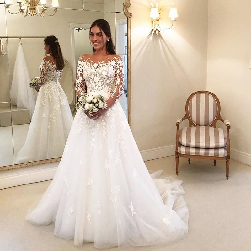 Illusion Long Sleeve Floral Lace A-Line Wedding Gown 3