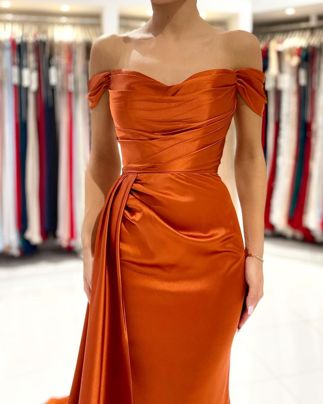 Mermaid Off-the-shoulder Sleeveless Floor-length Stretch Satin Cocktail Party Dress With Ruffles 6