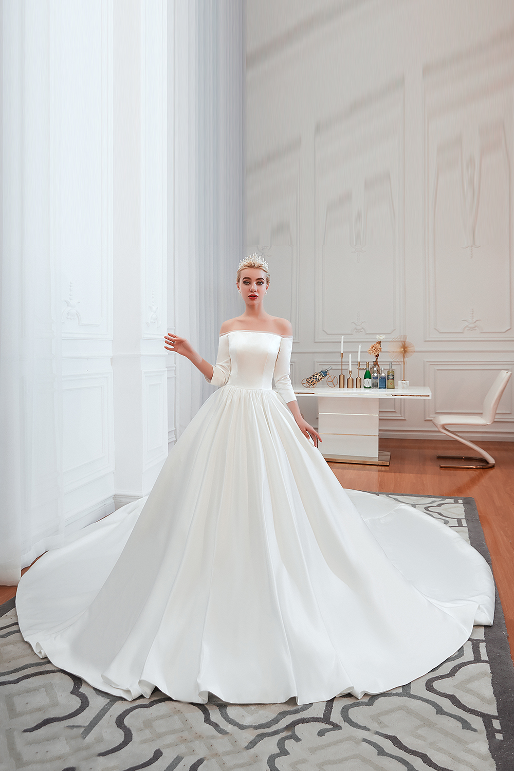 Ball Gown Bateau Neck 3/4-Length Sleeves Floor-length Tulle Wedding Gown With Cathedral Train 7