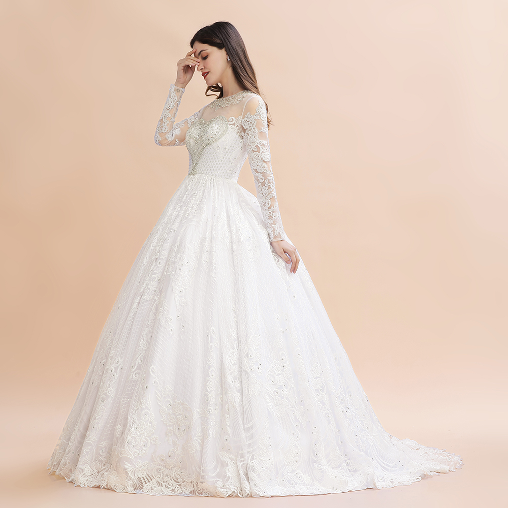 A-line Jewel Neck Long Sleeves Court Train Tulle Wedding Gown With Beading 7