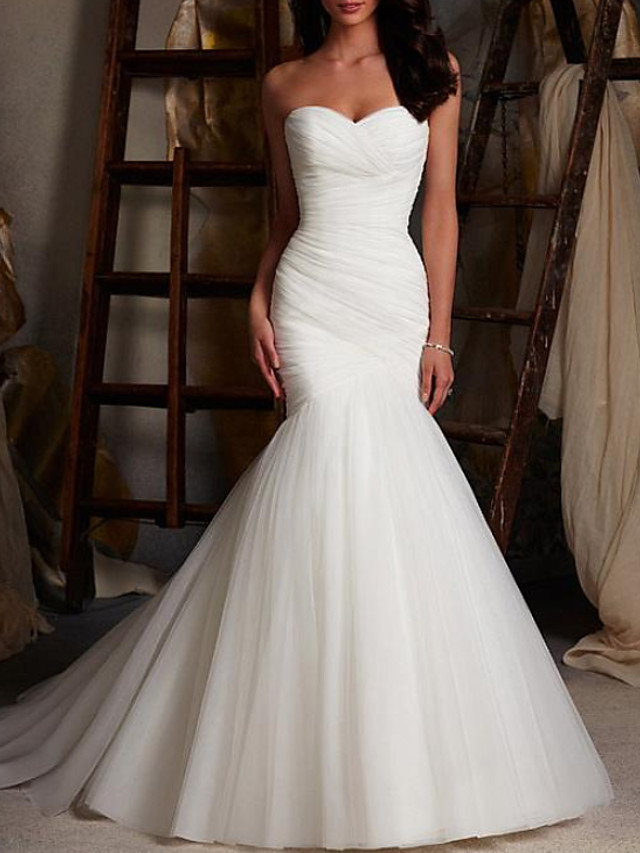 Mermaid Strapless Sleeveless Sweep / Brush Train Tulle Wedding Gown With Lace 2