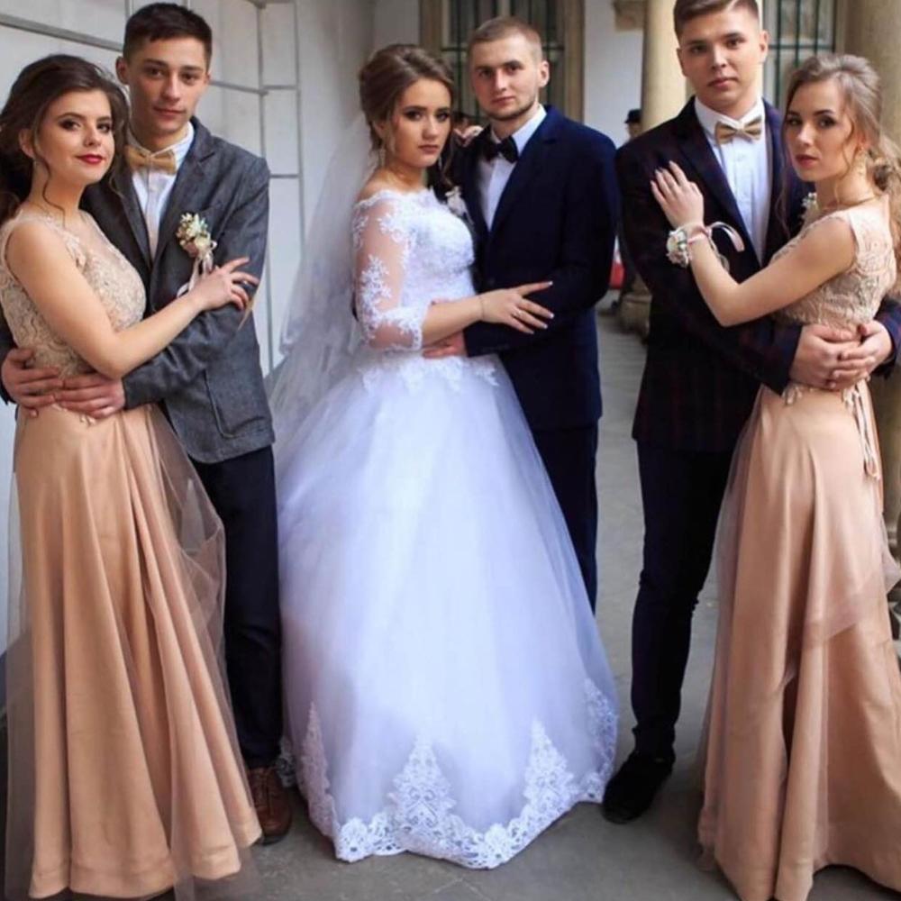 Ball Gown Bateau Neck Long Sleeves Sweep / Brush Train Lace Bridal Gown With Lace 2