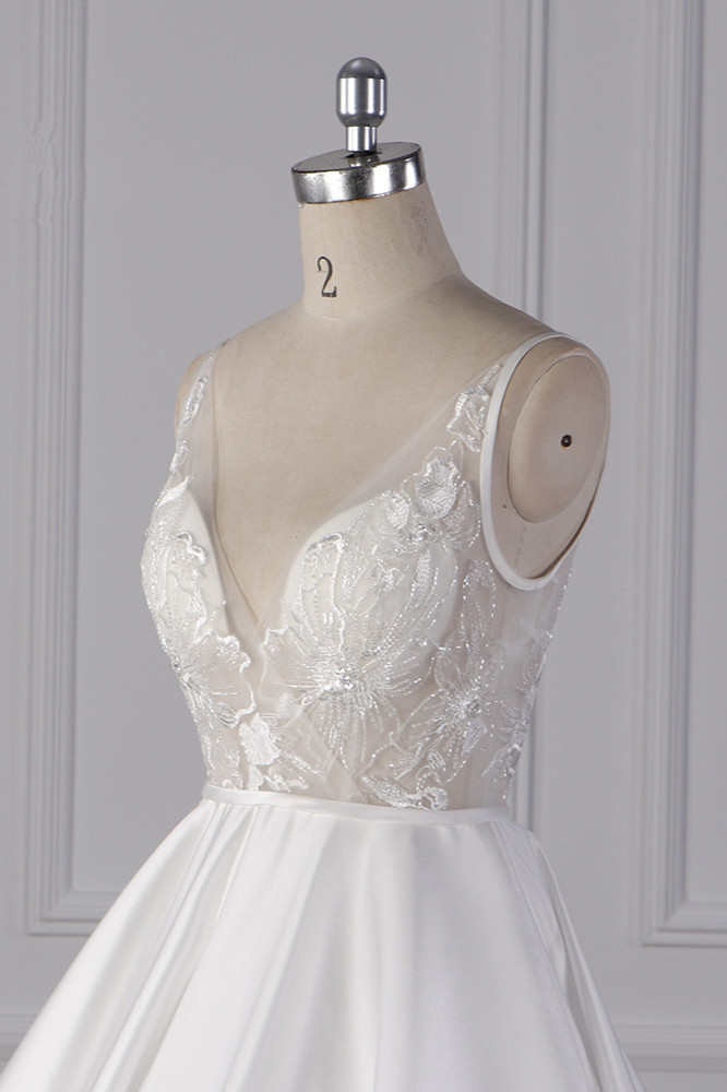 A-line Straps V-neck Sleeveless Floor-length Satin Wedding Dress With Appliques 4