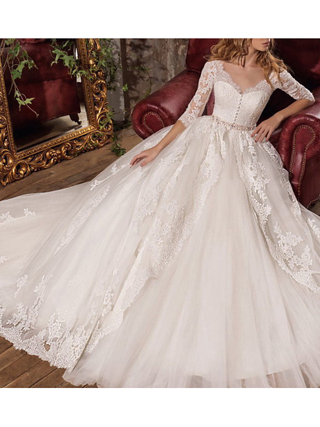 A-line V-neck Sweep / Brush Train Tulle Wedding Gown With Buttons 3