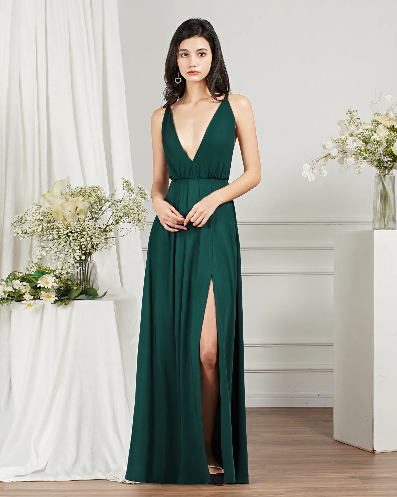 Plunging V-Neck Backless Silky Satin Evening Dress with High Split 1