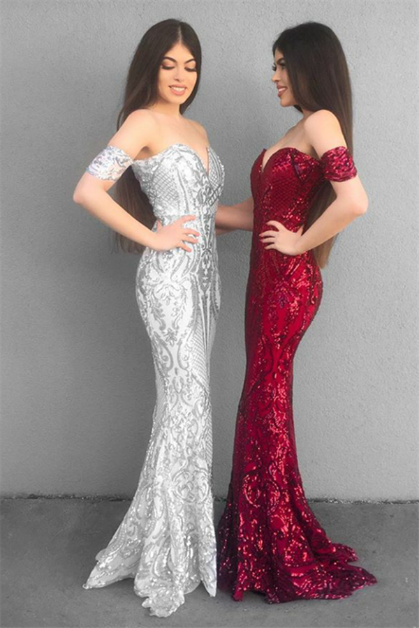 Mermaid Off-the-shoulder Sleeveless Sweep / Brush Train Evening Dress With Sequins 2