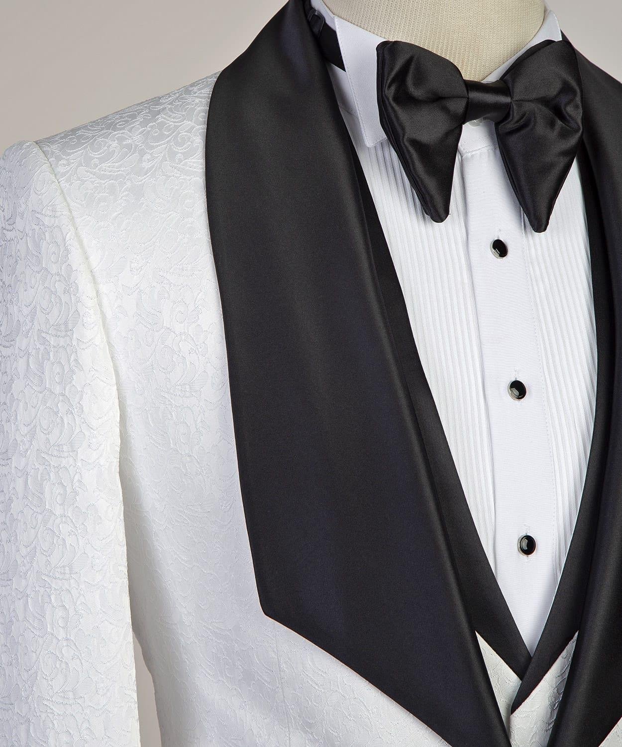 White Three-Pieces Jacaquard Wedding Groom Suit with Black Shawl Lapel 3