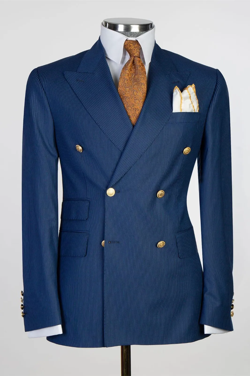Men's Classic Double-Breasted Pinstripe Suit with Gold Buttons 1