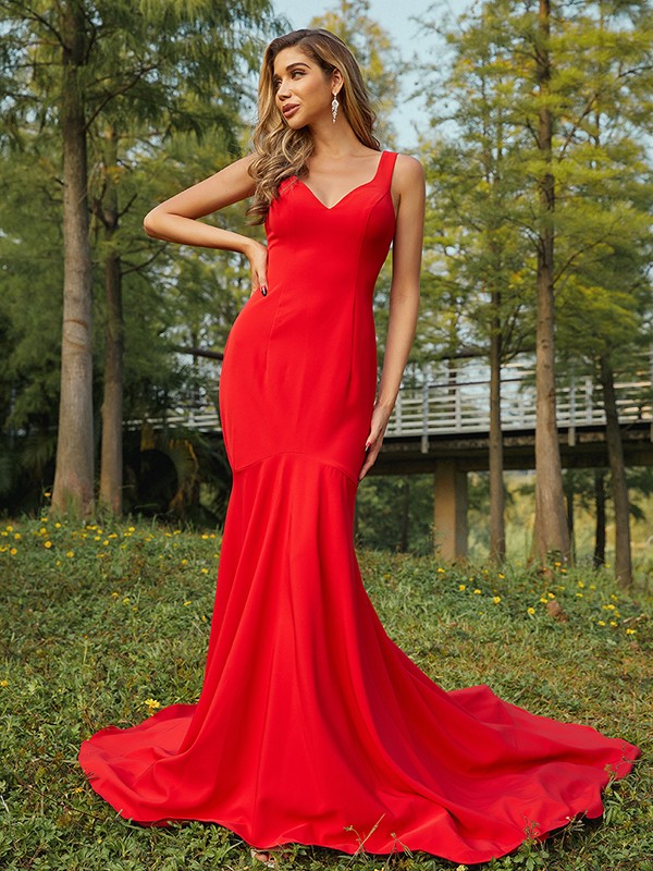 Column V-neck Sleeveless Sweep / Brush Train Bridesmaid Gown With Ruffles 3