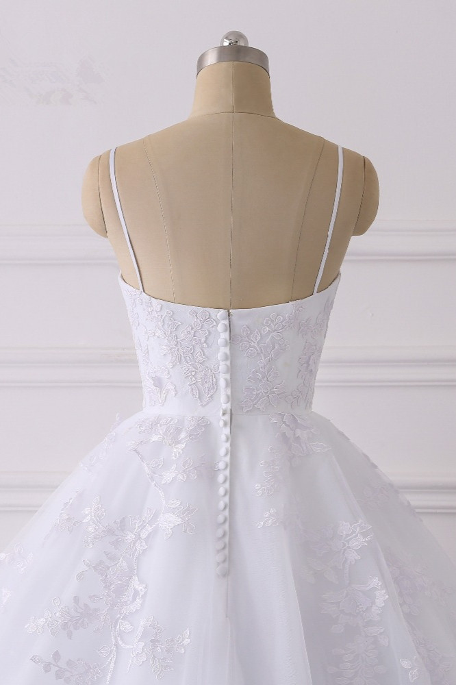 A-line Spaghetti Straps V-neck Sleeveless Floor-length Tulle Wedding Dress With Lace 5