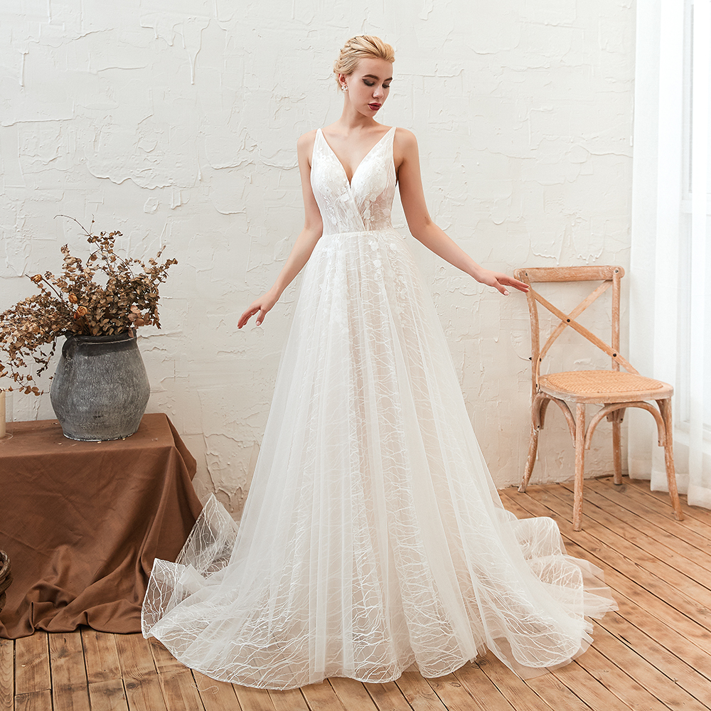 A-line Plunging Neckline Sleeveless Chapel Train Tulle Bridal Gown With Lace 10