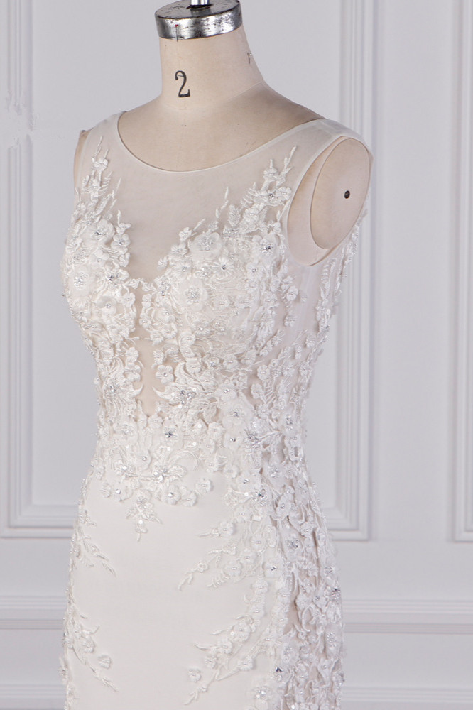 A-line Spaghetti Straps V-neck Sleeveless Floor-length Satin Wedding Gown With Lace 5