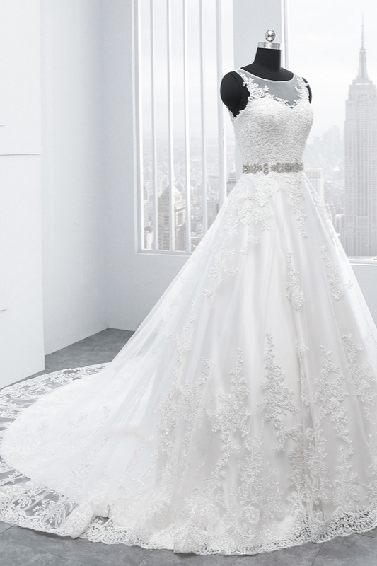 A-line Jewel Neck Sleeveless Floor-length Tulle Wedding Gown With Lace 3
