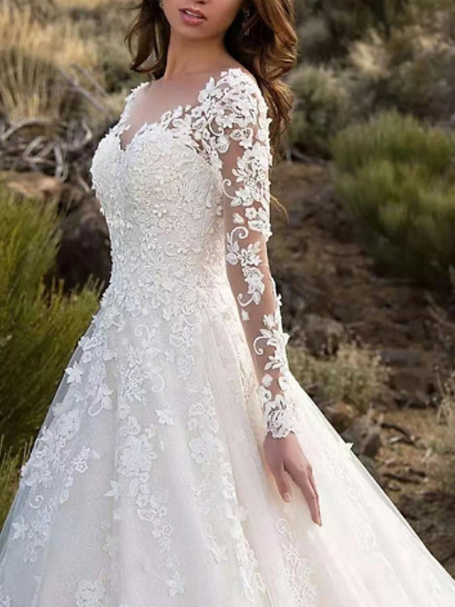 A-line V-neck Long Sleeves Sweep / Brush Train Lace Bridal Gown With Lace 2