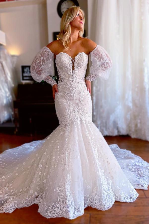 Sparkling Floral Lace Mermaid Wedding Dress with Detachable Puff Sleeves 3