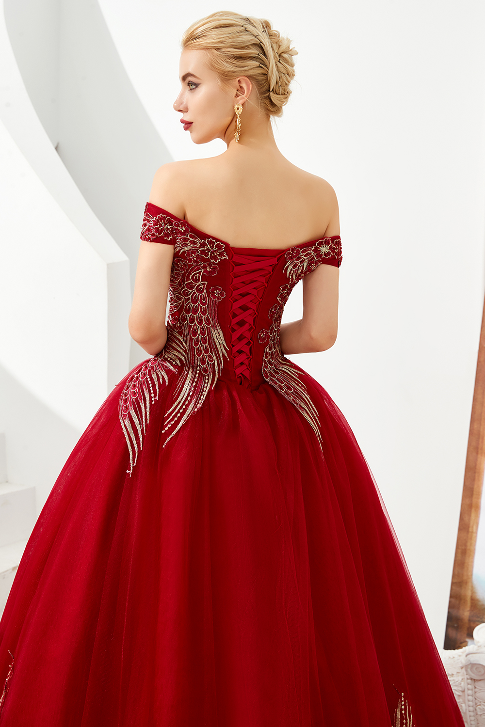 Ball Gown Off-the-shoulder Cap Sleeves Sweep / Brush Train Tulle Formal Dress With Beading 8