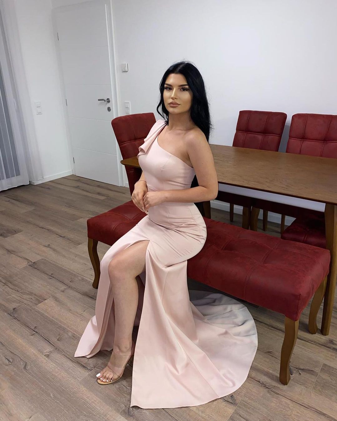 Mermaid One Shoulder Sleeveless Floor-length Stretch Satin Evening Dress With Ruffles 3