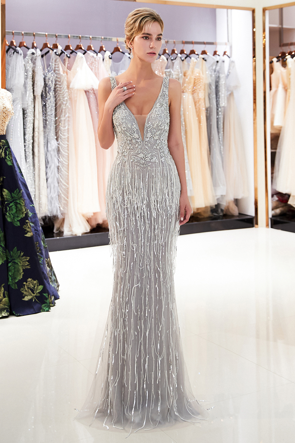 Mermaid Plunging Neckline Sleeveless Sweep / Brush Train Tulle Cocktail Party Dress With Appliques 3