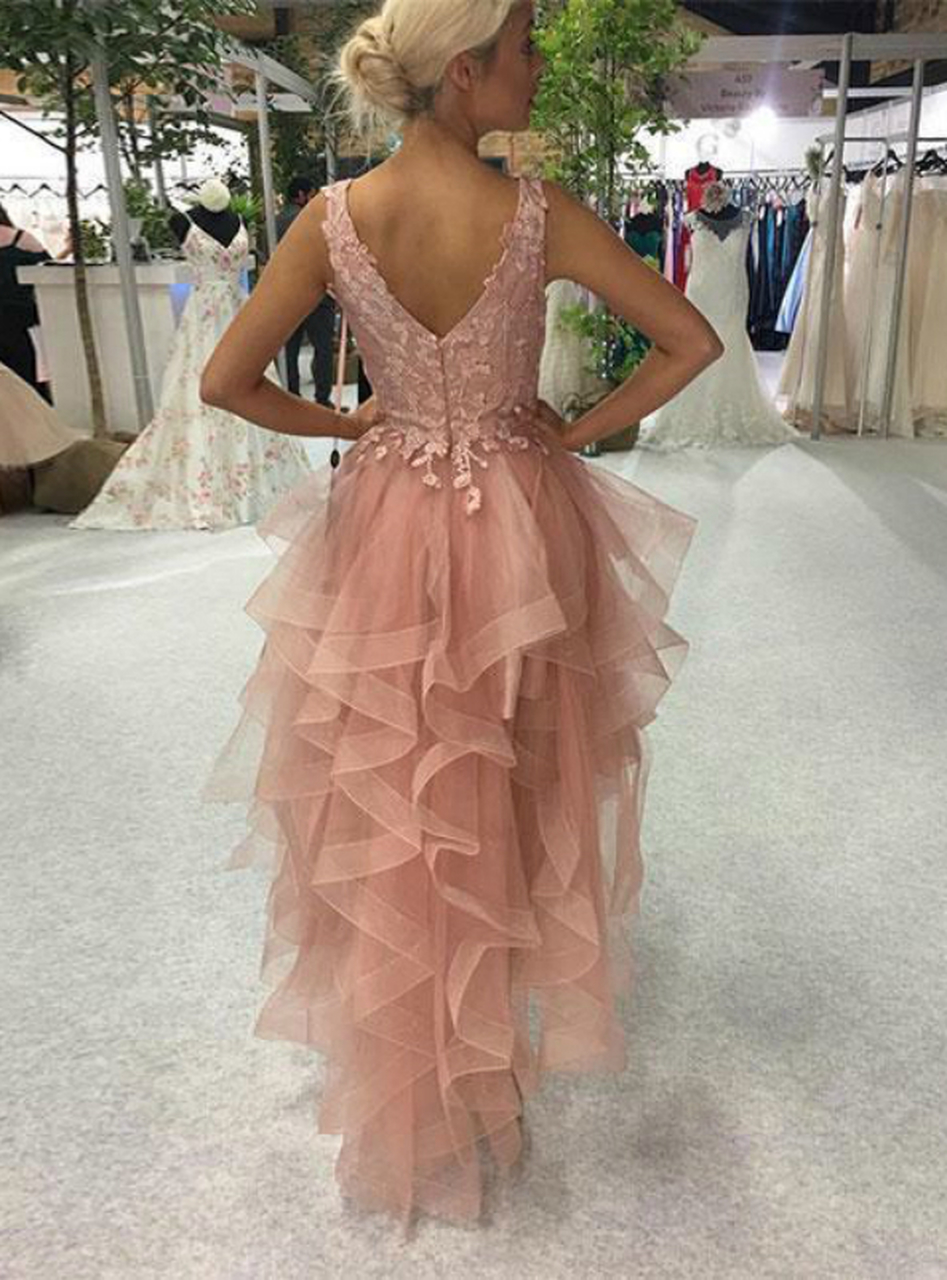 A-line Straps V-neck Sleeveless Hi-Lo Tulle Homecoming Dress With Appliques 3