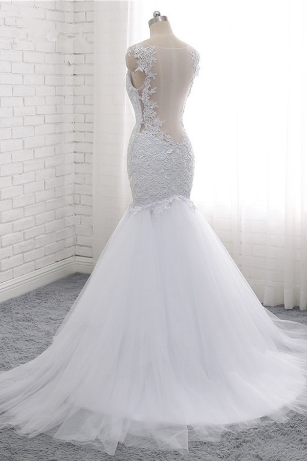 Mermaid V-neck Sleeveless Floor-length Tulle Bridal Dress With Appliques 4