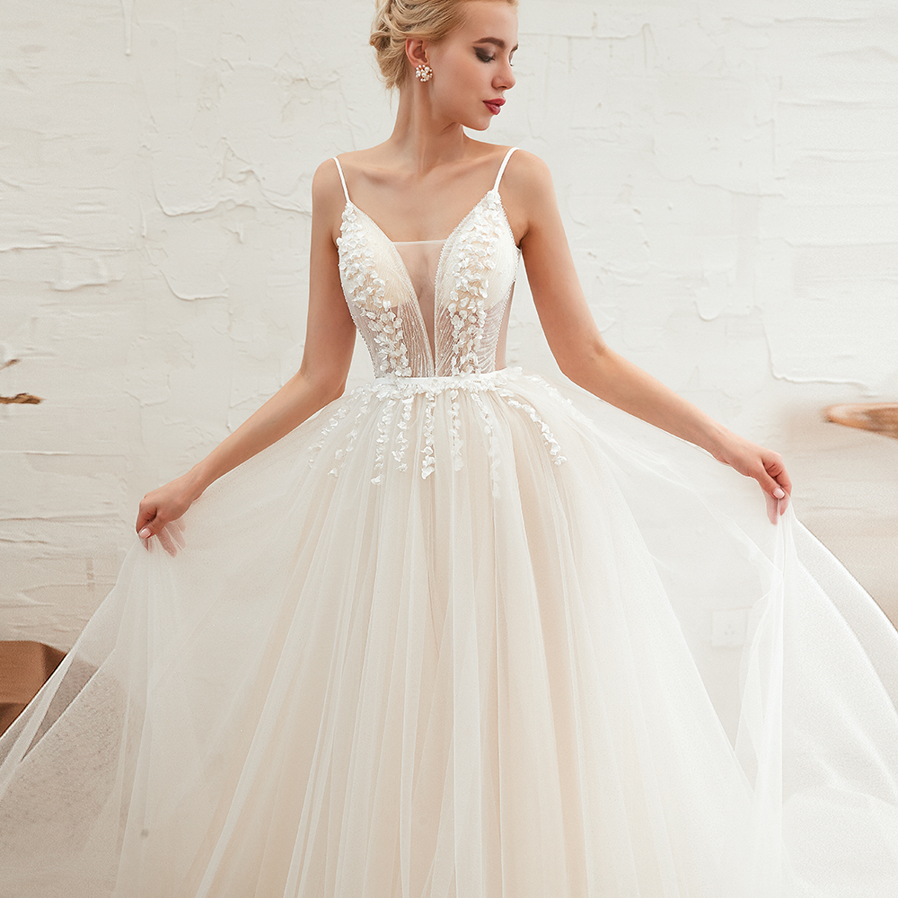 A-line Plunging Neckline Sleeveless Cathedral Train Tulle Wedding Gown With Flower(s) 18