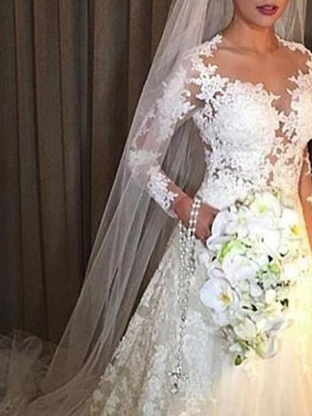 A-line V-neck Long Sleeves Court Train Lace Wedding Gown With Lace 2