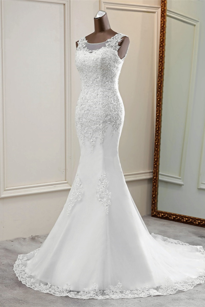 Mermaid Jewel Neck Sleeveless Floor-length Tulle Bridal Dress With Appliques 4