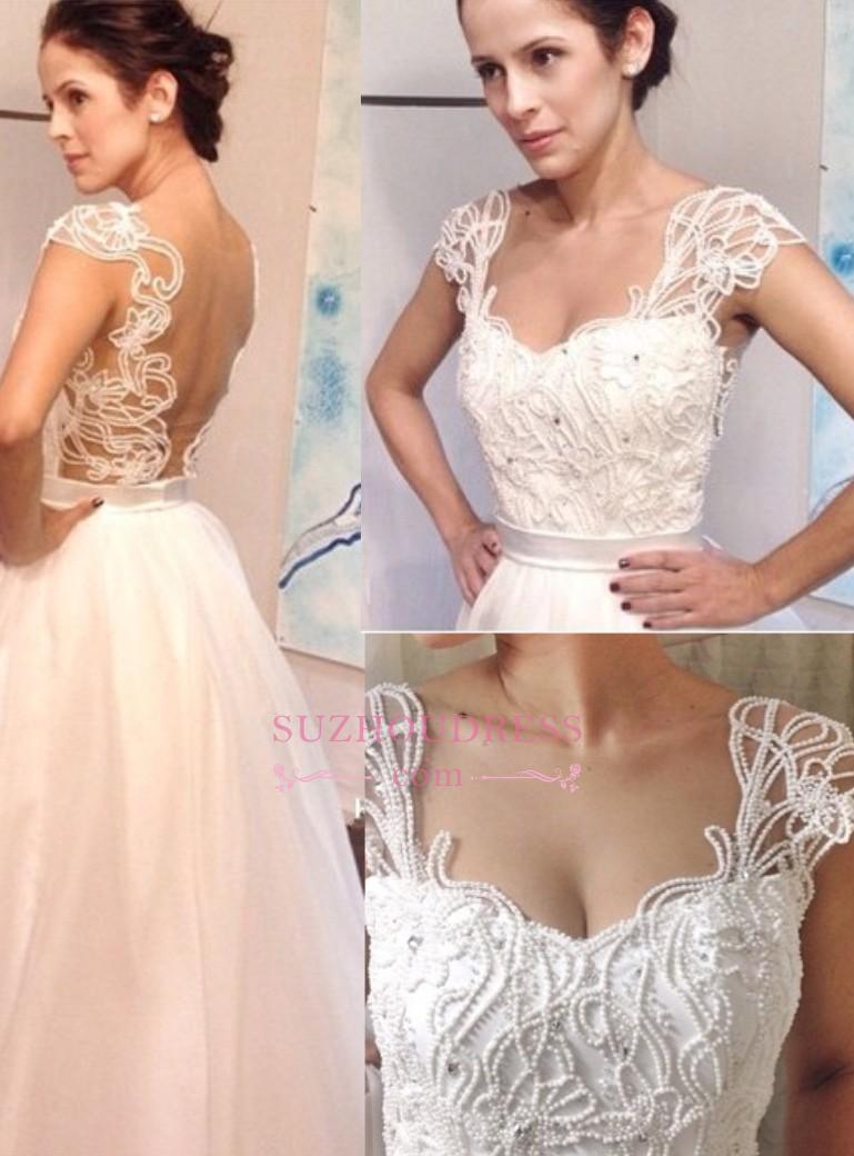 A-line Straps Sleeveless Floor-length Wedding Dress With Pearls 2