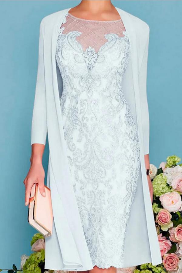 Knee Length Two Piece Sheath / Column Mother of the Bride Dress with Chiffon Lace and 3/4 Length Sleeve 5