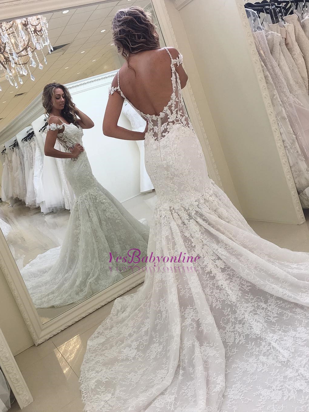 Mermaid Off-the-shoulder Short Sleeves Sweep / Brush Train Wedding Gown With Lace 3