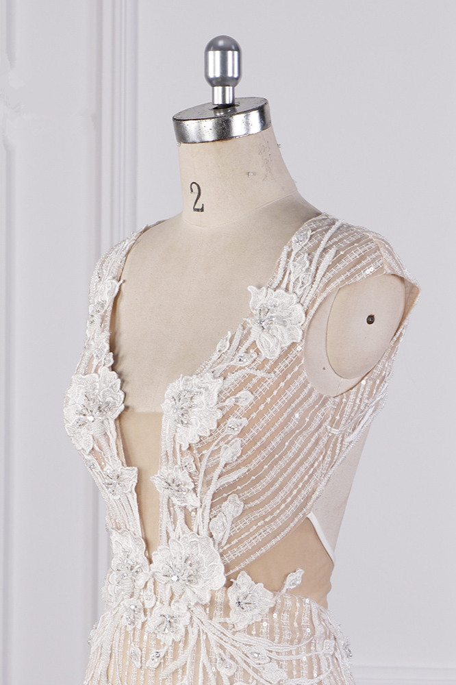 Mermaid V-neck Sleeveless Floor-length Tulle Wedding Gown With Beading 5