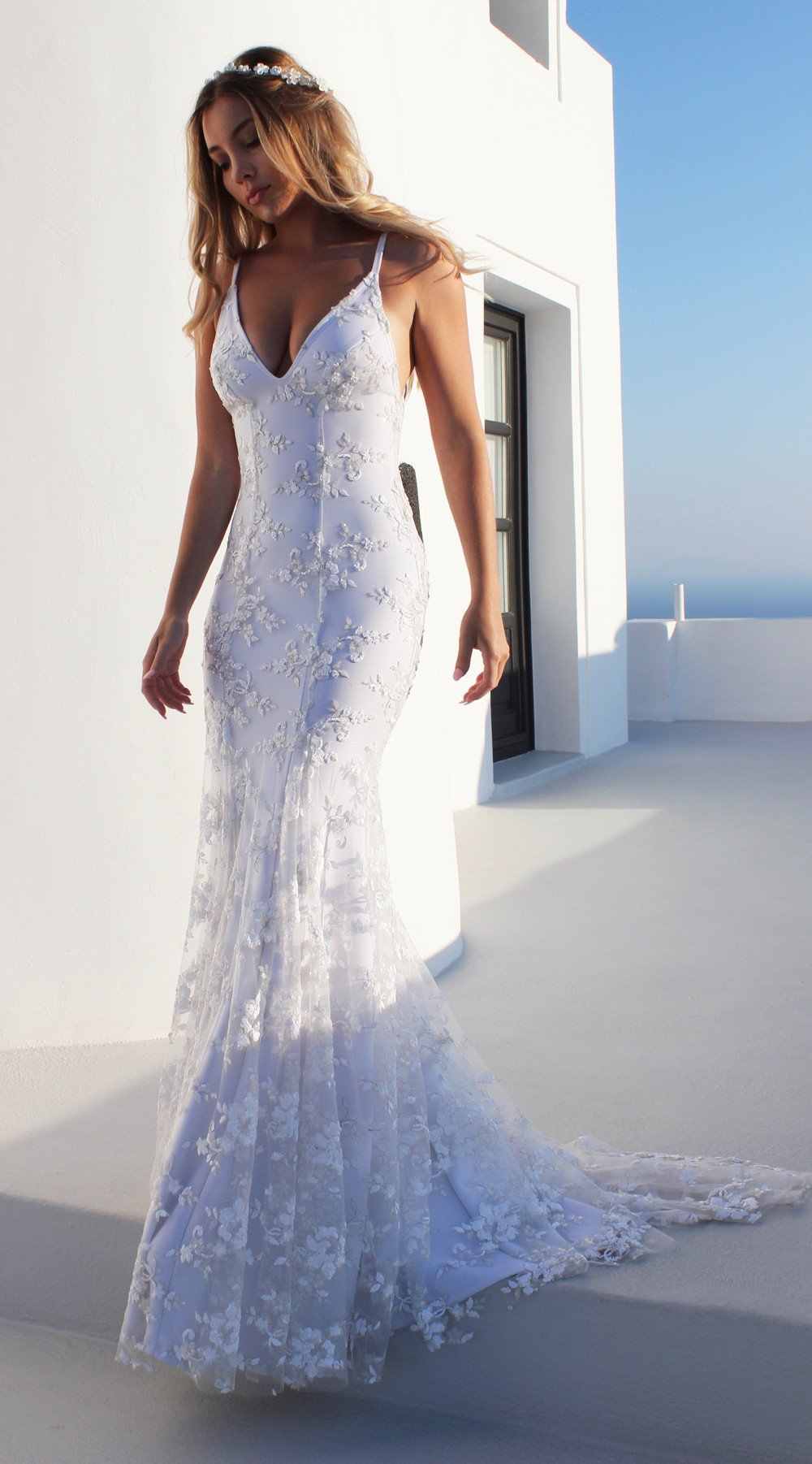 Column V-neck Sleeveless Sweep / Brush Train Lace Formal Dress With Appliques 4