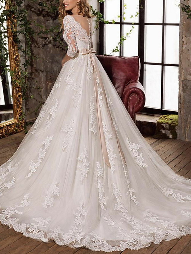A-line V-neck Sweep / Brush Train Tulle Wedding Gown With Buttons 2